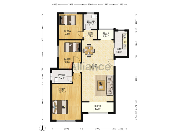 拎包入住精装修，全屋吊顶，三室两厅两卫全明户型