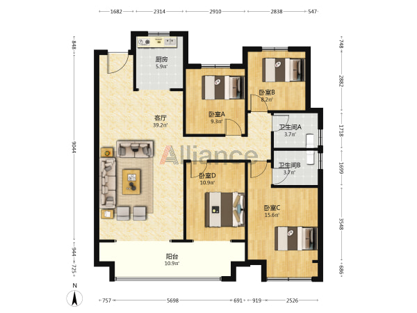 新飞建业府4-2-1-2 144.00m² 城市好位置，建业物业，新小区4房双卫，三级人车分流。
